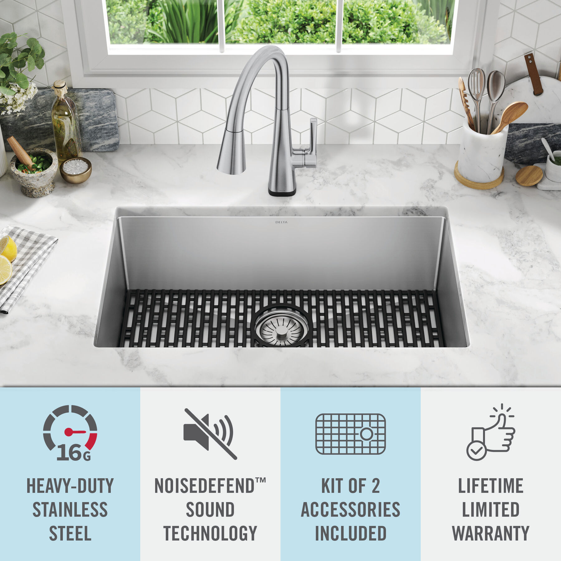 Lavabo de cocina con un receptáculo de acero inoxidable de 30" de montaje bajo encimera con accesorios, imagen 15